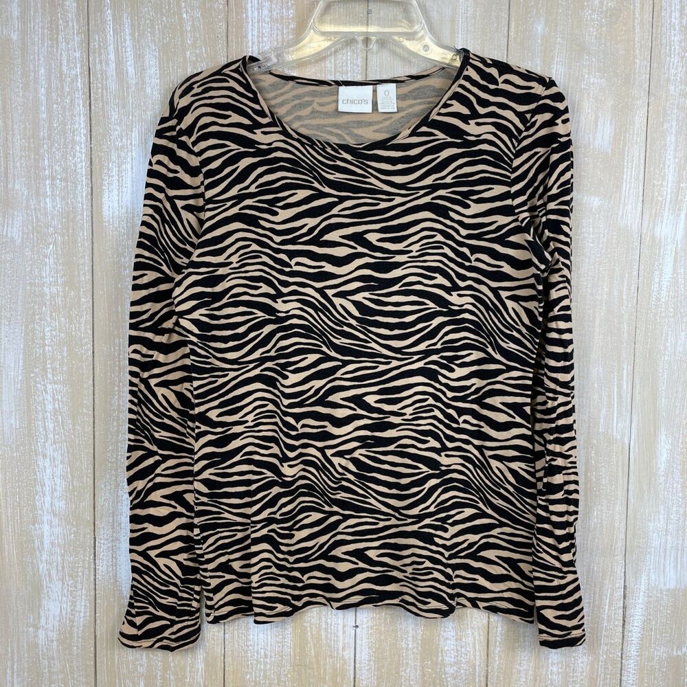Chicos Size 0 (S) Zebra Animal Print Top Black Tan Long Sleeve Pullover Stretchy